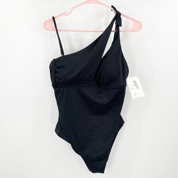 BECCA Swimsuit Size Large One Piece Asymmetrical Cutout Black NWT Removable Cups - Picture 3 of 16